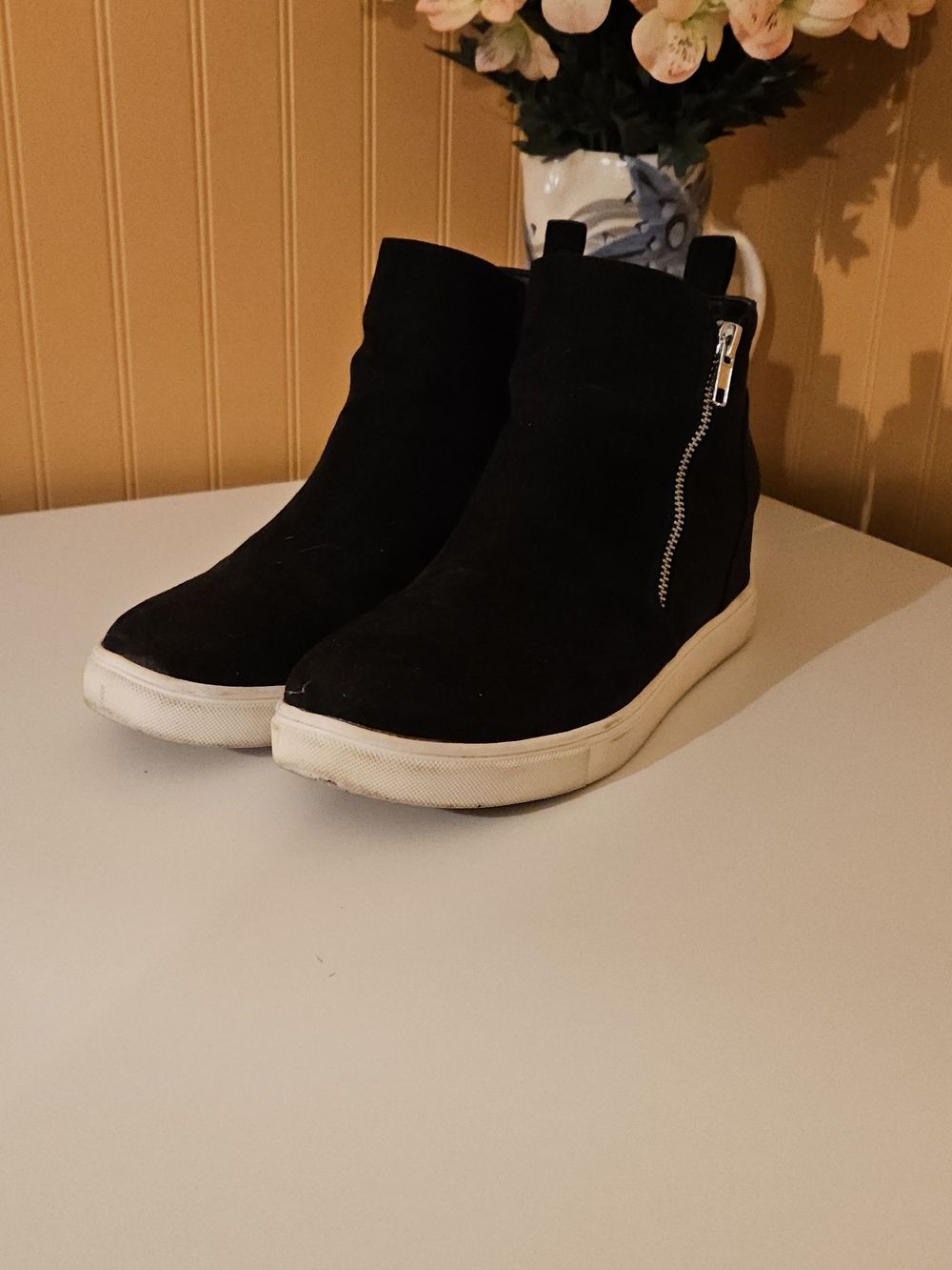 Madden Girl Black Suede Wedge Sneaker with White Sole